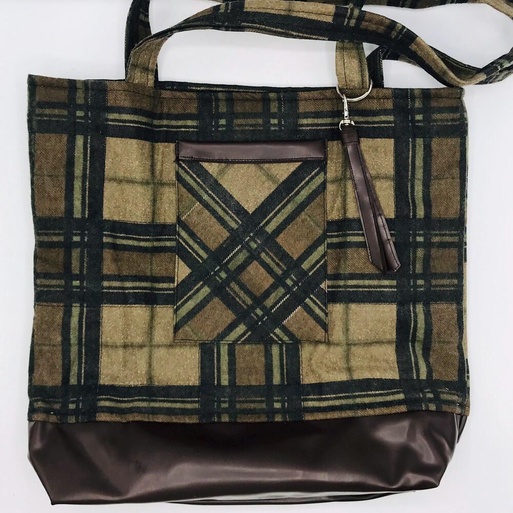 Basic Lizbet Library Market Tote Bag, Plaid Brown Cotton Faux Leather Accents